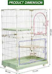 Cat Cage with Rolling Casters, Elevated Lounging Platforms, Secure Locking Doors, and Leak-Proof Base, Heavy-Duty Metal Cat Enclosure for Indoor Cats & Kittens, Easy to Assemble, 101 cm, Green