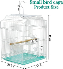 Small Bird Cage with Metal Wire, Ideal for Budgies, Small Parrots, and Parakeets, 45 cm Portable Cage for Indoor-Outdoor, Metal Bird Cage with Hanging, Bottom Tray, Perches, and Feeding Bowls, White