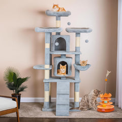 Cat Tree for Large Cats with Toy - Cat House with Padded Perch - Cozy Cat Condos & Scratching Posts - Premium Quality Multi-level Cat Tower for Indoor Cats & Kittens (Grey)