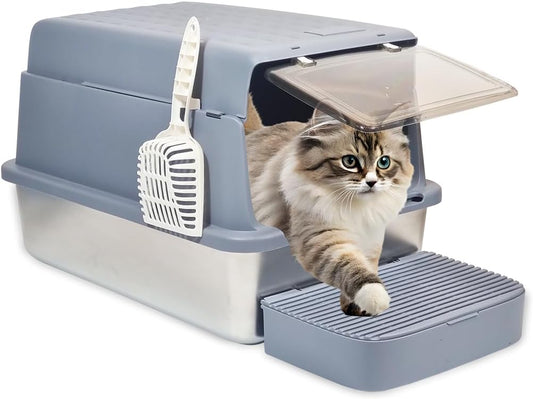 Cat litter box with Scoop, Stainless steel base, & Open top cover, Anti-splash, High fence and Semi-enclosed latch, Transparent access door, 60 cm Cat toilet with foot step, and Easy to clean (Blue)