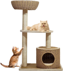 2-Tier Cat tree tower with Handwoven seagrass basket perch, Cozy Condo, and Sisal Scratching Posts, Modern Cat Furniture for Indoor Cats & Kittens, Multi-Level Activity Center