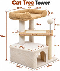 Cat Tree Tower for Indoor Cats, 70 cm Multi-Level Cat Activity Center with Plush Perches, Cozy Hideaway, Sisal Scratching Post and Spring Ball Toy, (Beige)