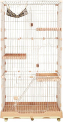 Large cat cage with 3 lockable doors, Hammock, Wide platforms, Climbing ladder, Removable tray, and Universal wheels, Durable metal wire cat cage for indoor & outdoor, Easy assembly 190 cm (Pink)