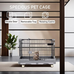 Cat cage playpen for cats & small dogs, Durable meta wire cat cage with Open-top design, Lockable door, Removable tray, and Universal wheels, Ideal for indoor/outdoor, Easy assembly 75 cm (Grey)