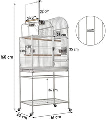 Bird Cage - Wrought Iron Stainless Steel with Storage Shelves White Lovebirds Cage and 4 Feeding Bowls - 160 cm | Toy Hooks above the Top Bird Perch | Perch for Birds | Food Container