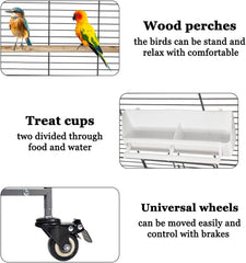 Large bird cage, Durable design and Steel wire, Removable tray and Multiple access doors, Wood perches and Food bowls, Small and medium birds, Universal wheels with brakes 168 cm (Grey)