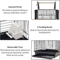 Black Bird Cage - Open Roof Top with Feeding Bowls, Removable Tray, Perfect for Budgies, Canaries, and Cockatiels (73 cm)