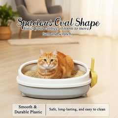 Cat litter tray with Deep basin box, Splash-proof, and Semi-enclosed toilet for Kittens to Adult cats, 50 cm Durable plastic tray with Scoop, Detachable design, easy to clean and Stable base (Grey