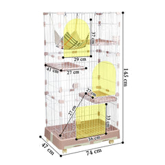 NNC PETS 3-Tier Cat Cage Indoor- Large Metal Wire Cat Crate Kennel with 3 Lockable Doors - Cozy Hammock, Climbing Ladder - Drawer Tray & Universal wheels, Easy Assembly, 145 cm (Pink, Large)