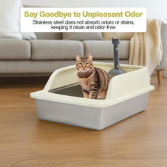 Semi-enclosed stainless steel cat litter box with a Litter scoop, Grid design, and High wall side cover, Durable litter box for Indoor cats, Detachable design for easy cleaning, 50 cm