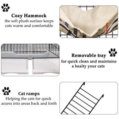Cat cage with Wide platforms, Cozy hammock, Climbing ladder, Slide-out tray, and Universal wheels, 2-layer metal wire cat cage for Multi-cat households, Ideal for indoor/outdoor 132 cm (Grey)
