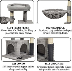 Cat tree activity center with Padded perch, Dangling ball, Cozy hammock, Sisal scratching post, Cozy cat condo, and Self grooming brush, Ideal for kittens and Large cats 78 cm (Grey)