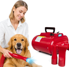 Dog Grooming - Pet Grooming Hair Dryer Vacuum Kit - Dog Hair Dryer, Blower - 240V Powerful with Adjustable Speed & Heat, Low - 3 Nozzles - Portable Handle - ABS Material (Red)