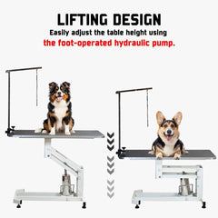 Hydraulic Pet Grooming Table with Pump, Foot lift, and Adjustable feet, Dog grooming table with Adjustable Arm & Secure clamp, Anti-slip Surface and Heavy Duty for all size breeds, 170 cm (White)