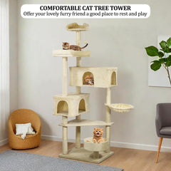 183cm Cat Tree Tower Indoor - Sisal Scratching Post with Soft Perches - Cozy Cat Condos & Bottom Cat Nest - Tall Cat Tree Activity Center for Big Cats to Climb & Relax (Beige)