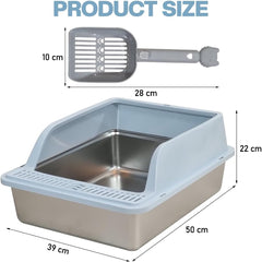 Semi-enclosed stainless steel cat litter box with a Litter scoop, Grid design, and High wall side cover, Durable litter box for Indoor cats, Detachable design for easy cleaning, 50 cm