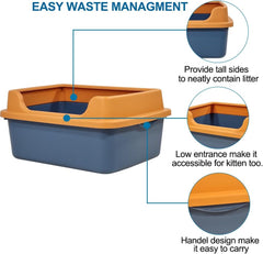 Semi-enclosed cat litter box with Low entrance, Raised fence, Portable handle, and Litter scoop, Durable plastic cat toilet prevents splashing, Ideal for indoor cats & kittens 48 cm (Blue)