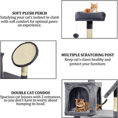 160 cm Cat Tree for Big Cats - Multi-level Indoor Cat Tower with Soft padded Perch, Dangling Ball, Sisal Scratching Board & Comfortable Cat Condo, Easy to Assemble (Grey, Large)