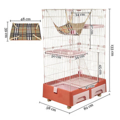 Cat Cage Playpen for Multi-Cat Household, 3-Tier Cat Cage with Cozy Hammock, Wide Platform, Climbing Ladder, Build-in Litter Box & Universal wheels, Ideal for Indoor/Outdoor Use 133 cm (Pink)