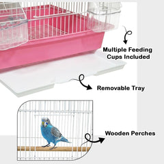 Small Bird Cage with Perches, Feeders and Swing, Ideal for Parakeets, Lovebirds, and Small Parrots, 62 cm Metal Cage with Hanging, Pull-out Tray, Portable, Durable and Top-Roof Design (Pink)