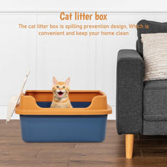 Semi-enclosed cat litter box with Low entrance, Raised fence, Portable handle, and Litter scoop, Durable plastic cat toilet prevents splashing, Ideal for indoor cats & kittens 48 cm (Blue)
