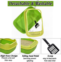 Anti-splash cat litter box with Enclosed design, Easy to clean, Durable plastic material and Removable, Cat Litter Pan with Scoop, Portable, Large size, High fence, and All size cats