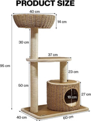 2-Tier Cat tree tower with Handwoven seagrass basket perch, Cozy Condo, and Sisal Scratching Posts, Modern Cat Furniture for Indoor Cats & Kittens, Multi-Level Activity Center