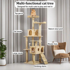 Multi-level cat tree tower with Double perches, Sisal scratching post, Spacious cat condos, and Climbing ladder, Durable cat tree tower for indoor cats, Interactive cat playhouse 170 cm (Beige)