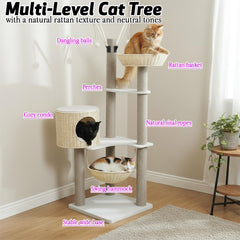 Cat tree with woven baskets, Scratching posts, Swing Hammock & Dangling balls, 148 cm Multi-level cat furniture for all cats, Large cat tower with Soft cushion, Large platforms & Condo (Beige)