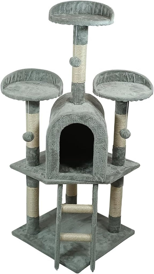 Cat Tree with Curved Perches - 125 cm Cat Tower House - Cat Condos & Cat Scratching Post - Dangling Toys - Premium Pet Tree for Indoor Cats & Kittens - Easy to Assemble (Grey)