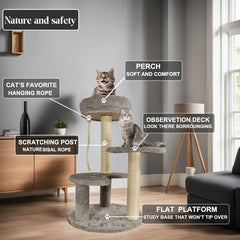 Cat tree with Soft padded perch, Playing rope, and Natural sisal scratching post, Durable cat tree climbing frame for cats & kittens, Suitable for indoor use, Easy to assemble 66 cm (Grey)
