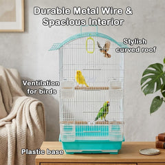Small Bird Cage with Perches, Feeders and Swing, Ideal for Parakeets, Lovebirds, and Small Parrots, 62 cm Metal Cage with Hanging, Pull-out Tray, Portable, Durable and Top-Roof Design (Cyan)