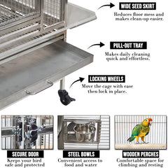 Large parrot cage with Stand, Stainless steel, and Feeding bowl with doors, 153 cm Top play bird cage for Macaw, Cockatoo, and medium to large birds, Indoor-outdoor use, Tray and Wheels (Grey)
