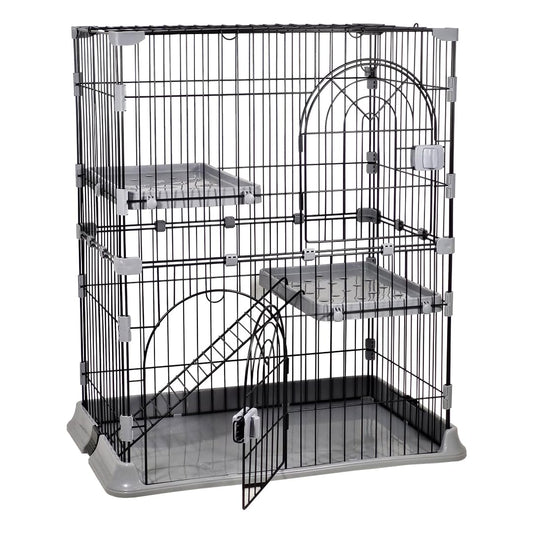 NNC PETS Cat Cage Kennel with 2-lockable Doors - 2-Tiier Metal Wire Pet Cat House Playpen for Indoor Cats - Cozy Hammock, Climbing Ladder, Drawer Tray & Universal Wheels, Easy Assembly (Grey, 88 cm)
