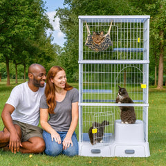 NNC PETS Large Cat Cage for Indoor & Outdoor Use, 3-Tier Metal Wire Cage with 2 Lockable Doors, Climbing Ladder, Litter Box Area & Wheels, Ideal Multi-Cat Households, Easy Assembly 184 cm (Blue)