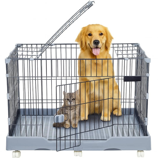 NNC PETS Pet Cage for Cat & Dogs | Dog Cage Playpen with Open-Top Design, Metal Wire, Lockable Door, Removable Tray & Universal Wheels | Ideal for Indoor/Outdoor | Easy to Assemble