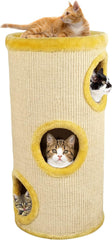 Cylinder cat tree activity center for indoor cats, Multi-level cat climbing tree with Dangling ball, Sisal scratching post, and Comfortable cat beds, Easy to assemble 75 cm (Yellow)