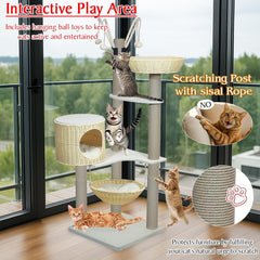 Cat tree with woven baskets, Scratching posts, Swing Hammock & Dangling balls, 148 cm Multi-level cat furniture for all cats, Large cat tower with Soft cushion, Large platforms & Condo (Beige)