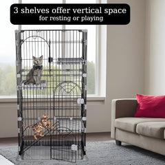 NNC PETS Cat Cage Playpen Kennel - 3-layer Metal Wire Crate for Multi-Cat Households - 3-Lockable Door, Wide Platforms - 132cm Pet Cage with Ladder & Leak-Proof Base (Grey, Large)