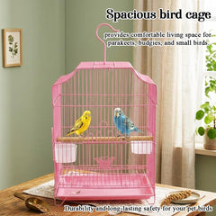 Small Bird Cage with Metal Wire, Ideal for Budgies, Small Parrots, and Parakeets, 45 cm Portable Cage for Indoor-Outdoor, Metal Bird Cage with Hanging, Bottom Tray, Perches, and Feeding Bowls, Pink