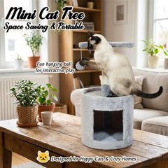 Modern cat tower with Hideaway cave and Hanging ball, Space saving design, Easy to fix and Portable, 59 cm Cat activity tree with Scratching pole, Protect furniture for Indoor cats and kittens