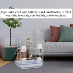 Bird cage for Budgies, Lovebirds, Finches, and Other small birds, Spacious and durable bird cage with Portable handle, Multiple perches, Feeding cups, and Removable tray 79 cm (White)