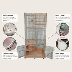 Large cat cage for Multi-cat household, 2-tier spacious cat cage with Multiple lockable doors, Climbing ladder, Food container, and Universal wheels, Ideal for Indoor/outdoor 178 cm (Pink)