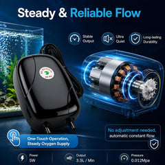 Aquarium Air Pump, 5W Dual Outlet Fish Tank Air Pump for 20-125 Gallon Tank, Ultra Silent Powerful Aquarium Pump Hydroponic Oxygen Aerator with Stones, Airline Tubing for Small Medium Large Fish Tank
