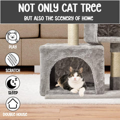 Cat Tree with Large Perch - 65cm Cat Tower House- Open Cat Bed - Spacious Cat Condos & Sisal Cat Scratching Post - Dangling Ball - Pet Tree for Indoor Cats & Kittens (Grey)