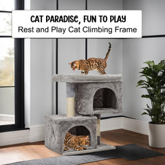 Cat Tree with Large Perch - 65cm Cat Tower House- Open Cat Bed - Spacious Cat Condos & Sisal Cat Scratching Post - Dangling Ball - Pet Tree for Indoor Cats & Kittens (Grey)