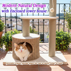 Cat tree with Scratching Post, Wicker basket, Hand-woven condo, and Dangling ball, 97 cm Indoor cat furniture for all cats, Multi-level cat tree, Easy assembly, & Cat climbing tower (Beige)