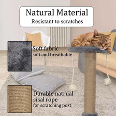 Cat tree scratcher with Perch, Hanging toys, Natural sisal scratching post, Punching toy, and Arch self-grooming brush, Cat climbing tower for indoor cats, Easy to assemble 76 cm (Grey)