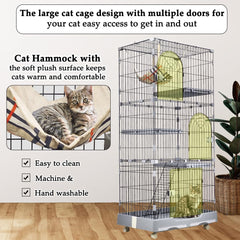 Large Cat Cage for Indoor Cats & Kittens - 3-tier Metal Wire Grey Cat House with 3 Lockable Doors, Pet Home - Cozy Hammock, Climbing ladder, Drawer Tray and Universal wheels, Easy Assembly 175 cm