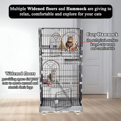 NNC PETS Large Cat Cage Indoor - 3-Tier Metal Wire Cat Crate Kennel with 3 Lockable Doors - Cozy Hammock & Climbing Ladder - Drawer Tray & Universal Wheels, Easy Assembly, 145 cm(Grey, Large)